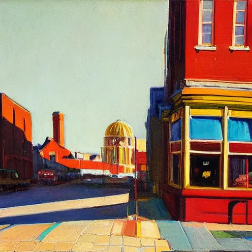 Prompt: Street scene in Brighton by Wayne Thiebaud