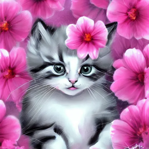 Image similar to cute kitten with pink flowers, digital art, concept art, gemmy woud binnendijk, nixeu, artgerm