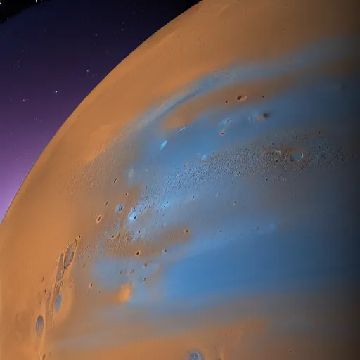 Prompt: View of Mars with blue atmosphere from pole to pole. Visible north polar cap.