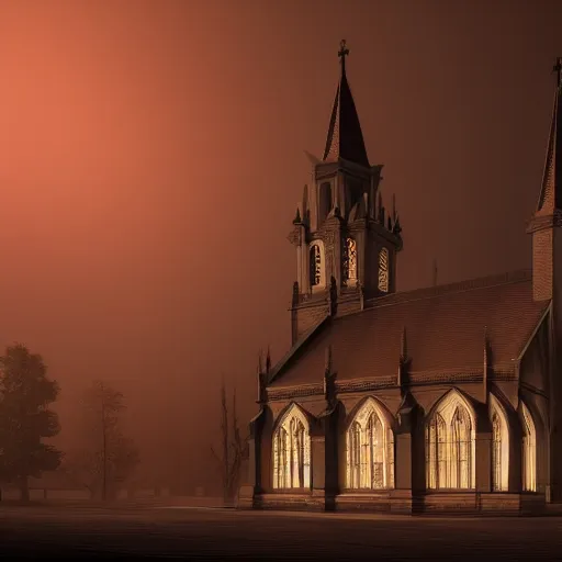 Image similar to victorian church in the middle of the city, dark, misty, at night, 8 k, detailed, concept art, trending on artstation