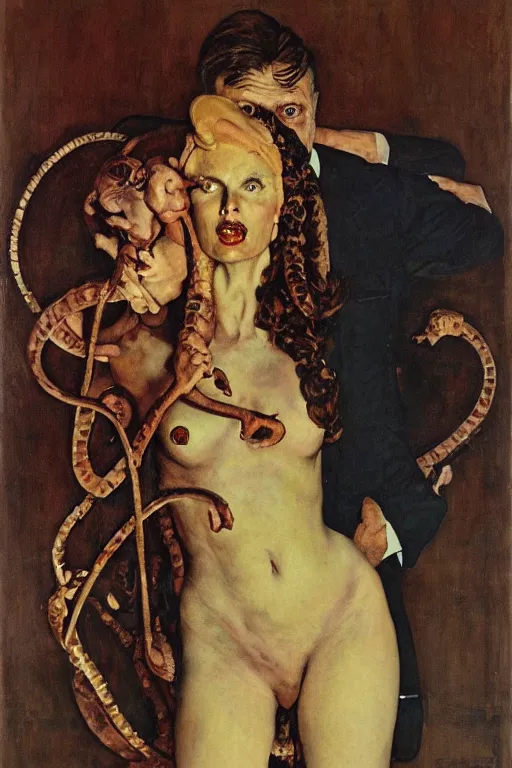 Prompt: portrait of fierce woman as with human head and serpent's body, norman rockwell, jacob collins, tom lovell, frank schoonover