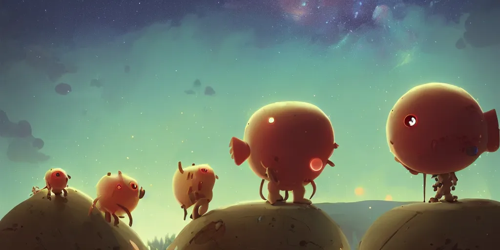 Prompt: cute monsters and dark starry sky with Milky Way galaxy by Goro Fujita and Simon Stalenhag , 8k, trending on artstation, hyper detailed, cinematic