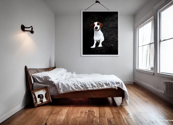 Image similar to photography of a Jack Russel . watching outside the window. on a bed. in a vintage room full of vinyls and posters.,volumetric light, photorealistic,, award winning photo, 100mm, sharp, high res