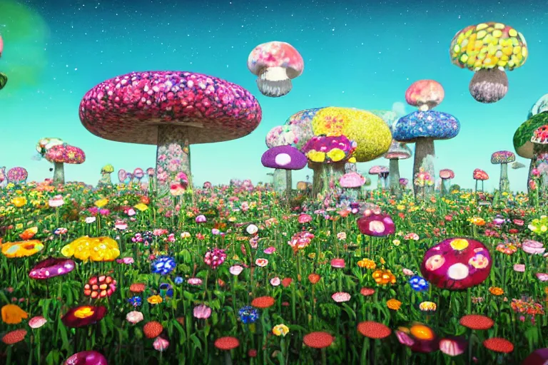 Image similar to Floral psychedelic apocalypse caused by the crashing of the Murakami flower meteor in the peaceful village of mushrooms, unreal engine 5 render, art by Takashi Murakami, Meteor made out of Murakami flowers, tiny mushroom village