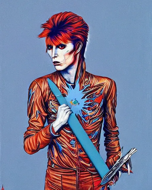 Prompt: Ziggy Stardust holding a Bowie knife, james jean, iconic