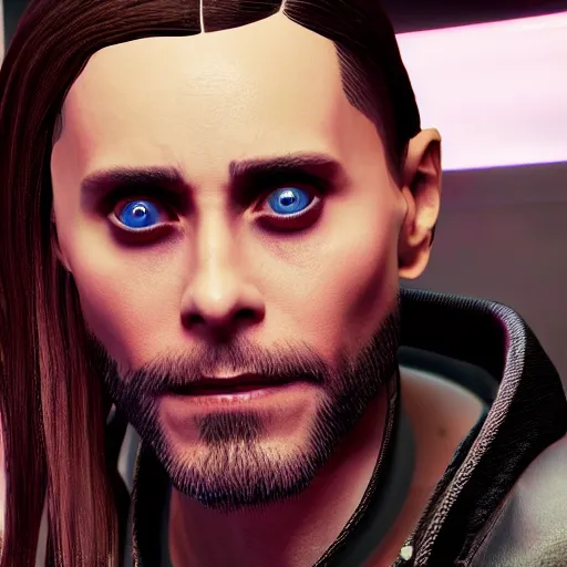 Prompt: Jared Leto in cyberpunk 2077 extremely high quality unreal engine 5 8k hyperdetailed photorealism