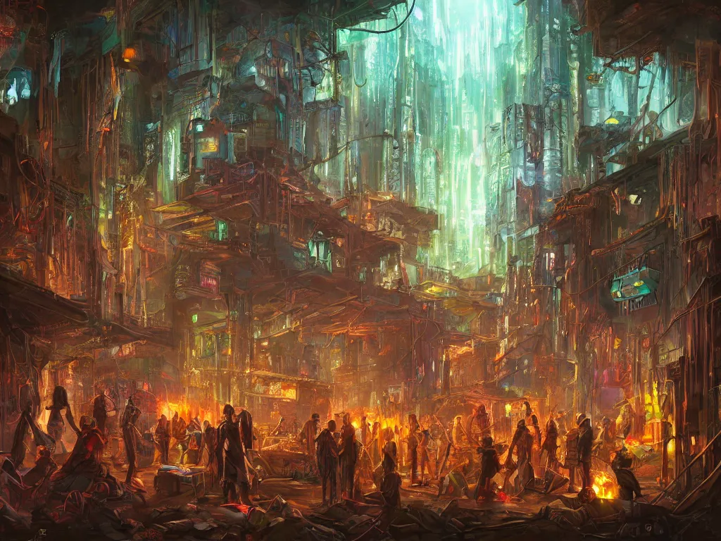 Prompt: a professional painting of a mystical cyberpunk tribe gathering at a magical location in the forest lit by fire and intense laser lights extreme wide angle view from below