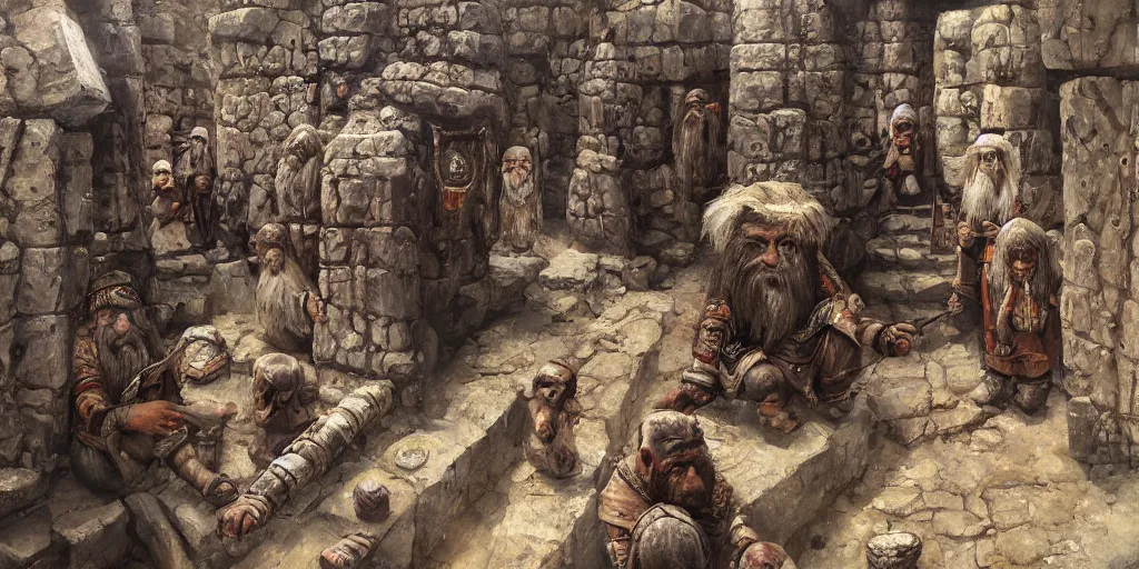 Image similar to sumerian underground city ancient dwarves, drawn by viktor vasnetsov, beautiful faces, symmetrical faces dwarven dungeons, cities of mesopotamia, moriya, oil painting, harsh fairy tale, soft style, hyperrealism, beautiful, high resolution, trending on artstation,