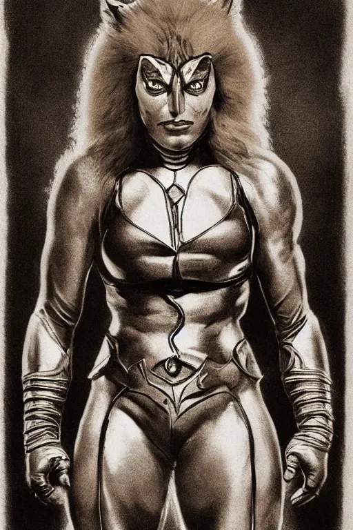 Image similar to cheetara from thundercats, portrait, full body, symmetrical features, silver iodide, 1 8 8 0 photograph, sepia tone, aged paper, sergio leone, master prime lenses, cinematic