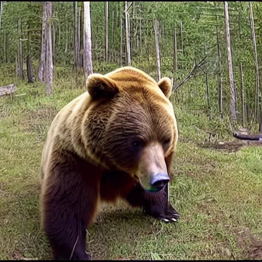 Image similar to trailcam footage of emma watson head locking a bear