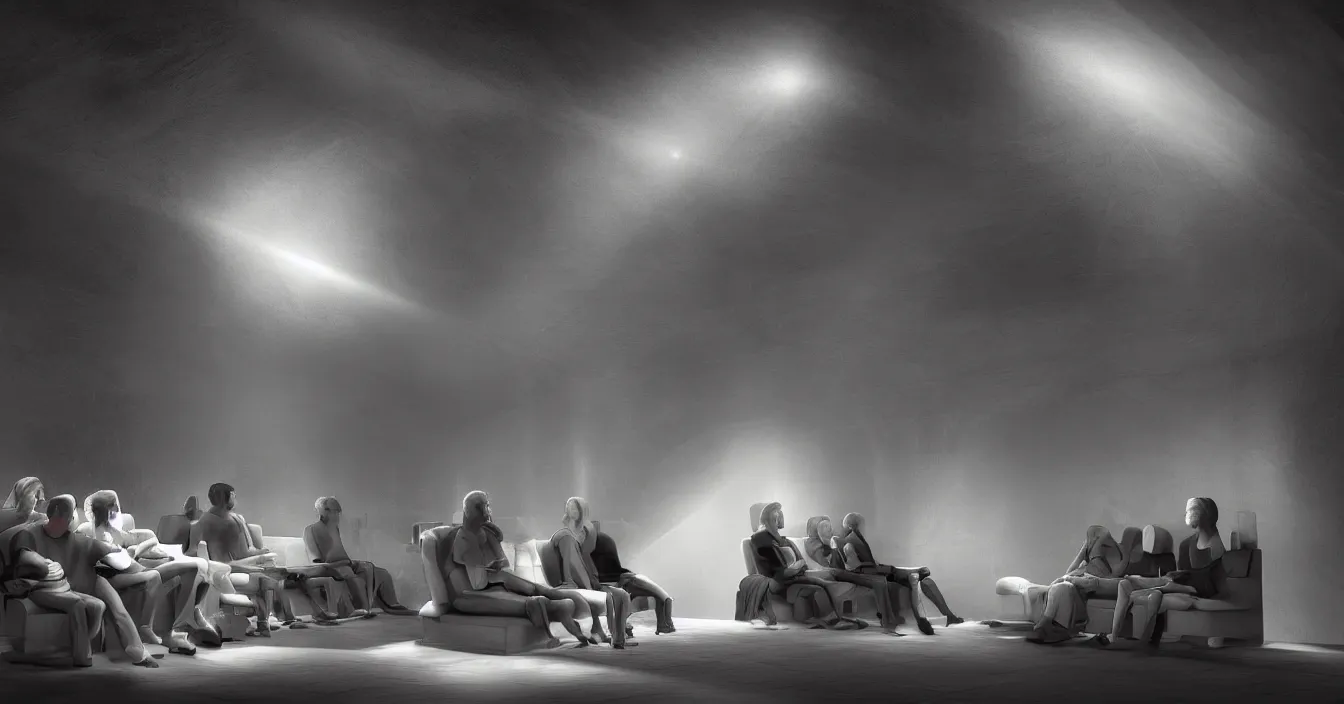 Prompt: human beings sit in the cinema and watch reflections of their lives on screen of life illusion, projecting by volumetric light of consciousness, realistic, deep sense of spirituality, contrast shading, unreal engine, vray, style of chris mars