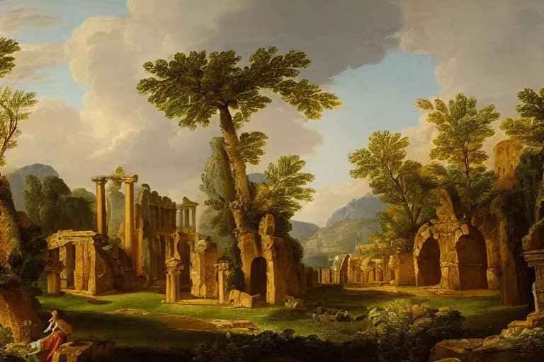 Image similar to beautiful arcadian landscape of a forested valley, ancient ruins in the distance by giovanni paolo pannini