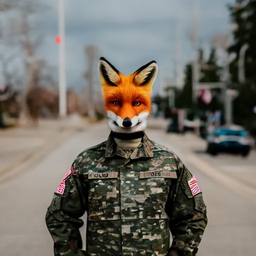 Image similar to a Fox dressed in a modern American general uniform, 85mm f/1.4