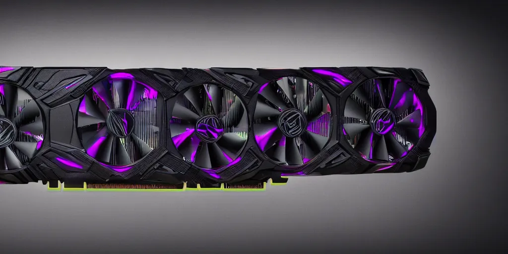 Image similar to product photo of triple wide extra long gtx rtx 4 0 9 0 nvidia gpu graphics card dramatic black background neon lighting