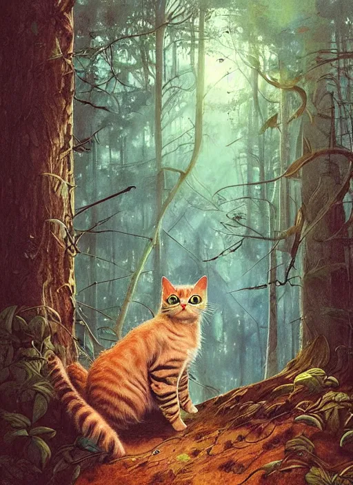 Image similar to a hyper realistic illustrated cat with happy lighting playing in the woods gorgeous lighting, sunbeams blue sky, lush forest foliage painting by chiara bautista and beksinski and norman rockwell and greg rutkowski weta studio, and lucasfilm