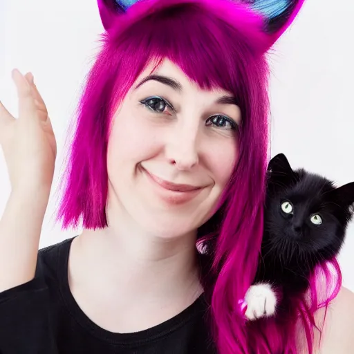 Prompt: photo of a young woman with messy medium-length magenta hair and cat ears