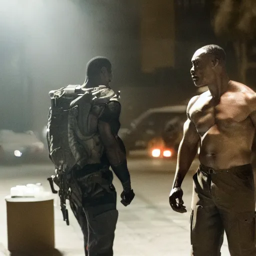 Image similar to the predator fighting tom cruise in collateral 4k movie still sulfur lights nighttime Los Angeles