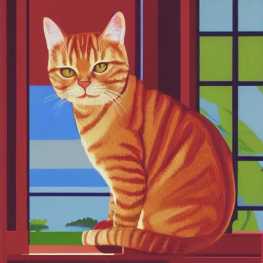Prompt: oil painting of a red tabby cat sitting in the backyard, by Hiroshi Nagai