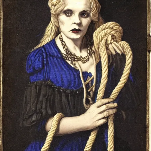 Image similar to dark portrait, death blonde woman in medieval dress, strangled with rope, bluish face, victorian style, high detail