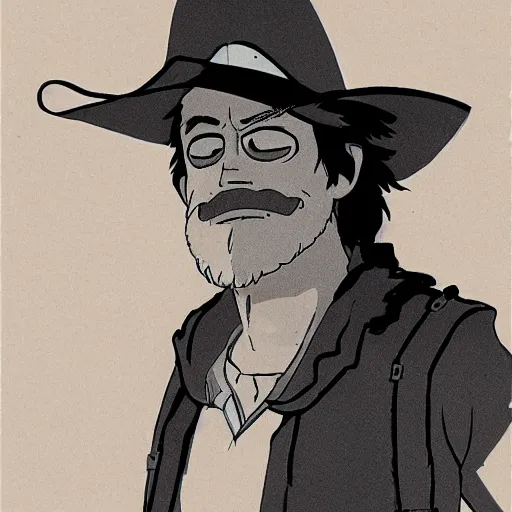 Prompt: scruffy american cowboy, studio ghibli, retrofuturism