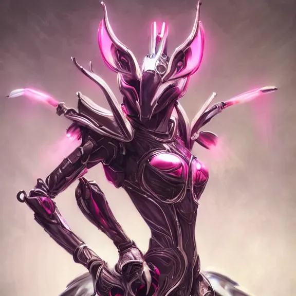 Image similar to highly detailed exquisite fanart, of a beautiful female warframe, but as an anthropomorphic elegant robot female dragon, shiny and smooth off-white plated armor engraved, robot dragon head with glowing eyes, Fuchsia skin beneath the armor, sharp claws, long sleek tail behind, robot dragon hands and feet, standing elegant pose, close-up shot, full body shot, epic cinematic shot, professional digital art, high end digital art, singular, realistic, DeviantArt, artstation, Furaffinity, 8k HD render, epic lighting, depth of field