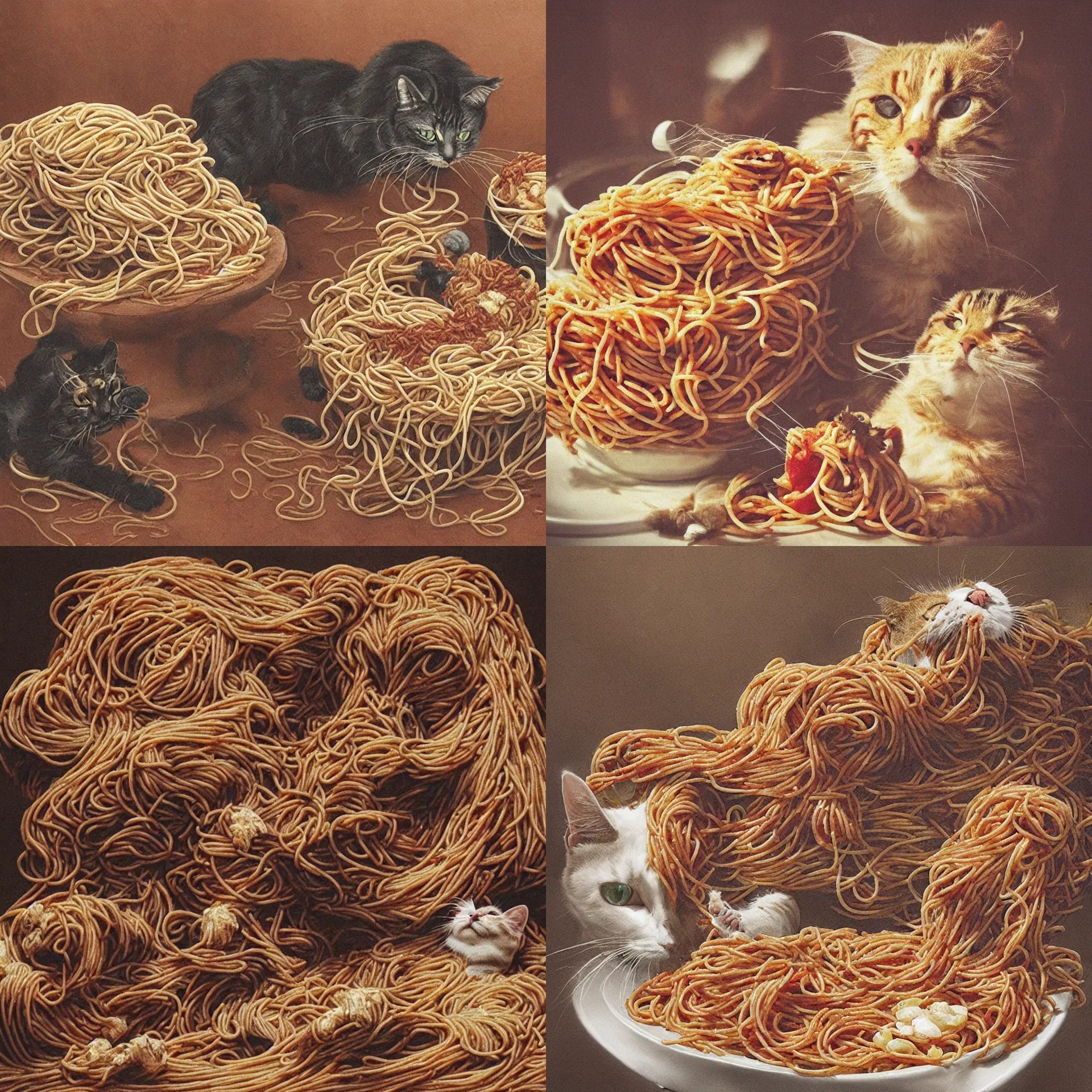 Prompt: a photo of a spaghetti monster eating a cat, photorealistic, realistic