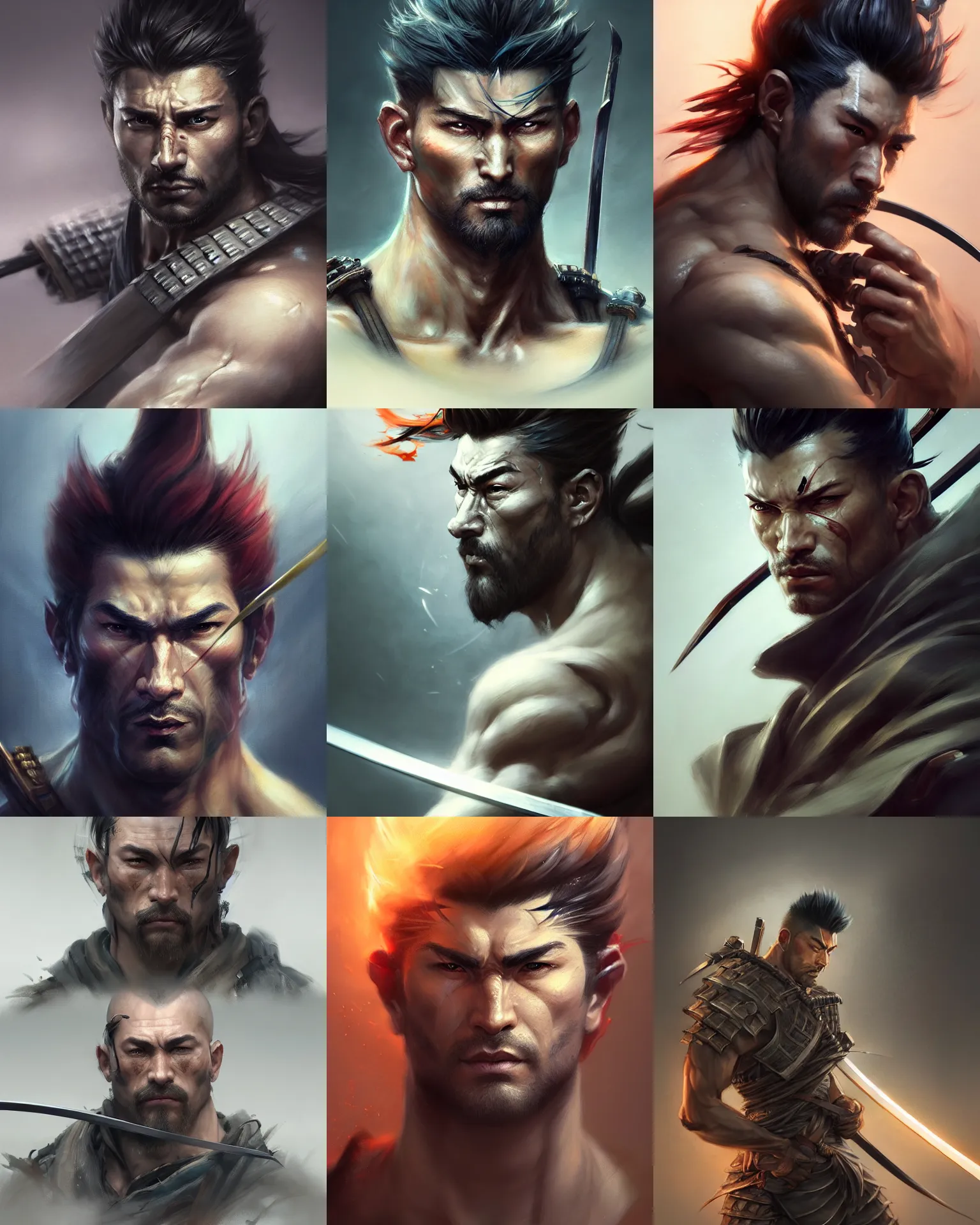 Prompt: face portrait of a handsome and ripped ronin, masculine features, short messy hair, wielding a katana, wearing a haori, by wlop and peter mohrbacher, dramatic action pose, extremely detailed shading, concept art, digital painting, trending on artstation, unreal engine 5, octane render, atmosphere, glow, cinematic lighting, full of color