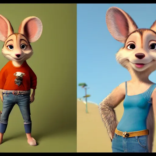 Prompt: 3 d render, portrait, mid shot, jasmine as a anthropomorphic mouse, female, blond fur, blue eyes, wearing denim short shorts, wearing a off yellow tank top shirt, solo, in the style of zootopia