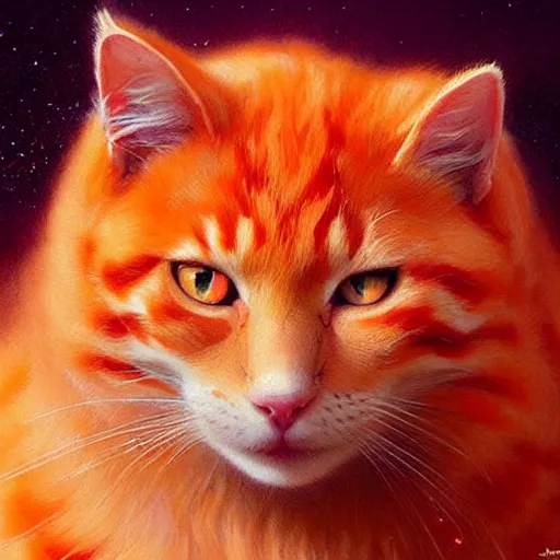 Image similar to A fuzzy orange cat sitting on planet earth, fantasy, intricate, elegant, highly detailed, digital painting, artstation, concept art, matte, sharp focus, illustration, art by Artgerm and Greg Rutkowski and Alphonse Mucha