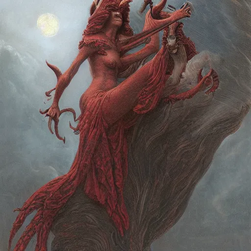 Image similar to a masterpiece! matte painting portrait of a scarlet - colored beast with seven ( 7 ) heads and ten ( 1 0 ) horns by gustave dore and stephen hickman and allen williams, trending on artstation, cgsociety, 8 k hd, earthtone colors, a cloaked woman riding the back of the beast