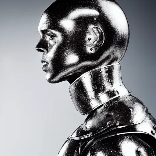 Image similar to a portrait of a beautiful young male wearing an alexander mcqueen armor made of liquid mercury , photographed by andrew thomas huang, artistic
