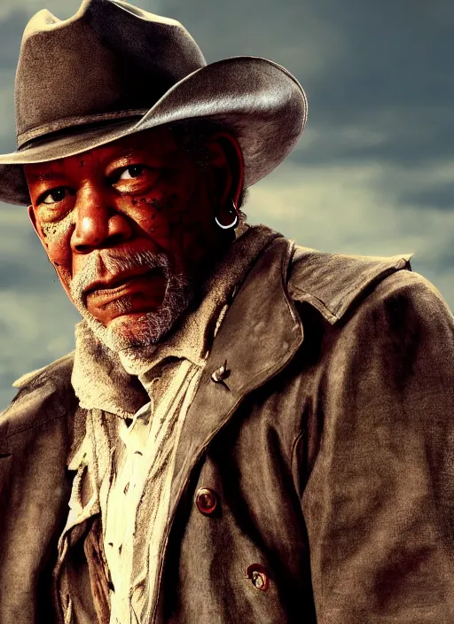 Image similar to an film still of morgan freeman as cowboy with beard, western background unreal engine. amazing likeness. very detailed.