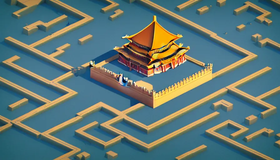 Image similar to a low poly isometric render of the forbidden city in the style of monument valley, with kerala motifs, intricate, elegant, smooth shading, soft lighting, illustration, simple, solid shapes, concept art, by magali villeneuve, jeremy lipkin and michael garmash, rob rey and kentaro miura style, octane render