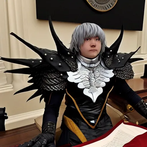 Image similar to a person cosplaying griffith from berserk by kentaro miura sitting at white house desk with american flag at his side