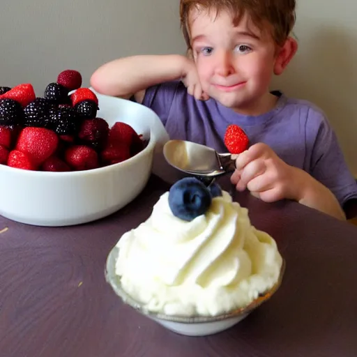 Prompt: little lad who loves berries and cream