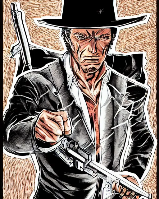 Image similar to Digital color pen drawing of Clint Eastwood from JoJo\'s Bizzare Adventure, highly detailed, sharp focus, screentone shading, 1990 manga panel, trending on ArtStation, manga cover art drawn by Hirohiko Araki