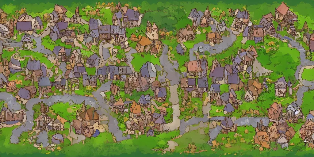 Image similar to a high detailed village vector art presenting an aerial view of a cartoonish rpg village by dungeondraft, dofus, patreon content, containing tables and walls, hd, straight lines, vector, grid, dnd map, map patreon, fantasy maps, foundry vtt, fantasy grounds, aerial view, dungeondraft, tabletop, inkarnate, dugeondraft, roll 2 0