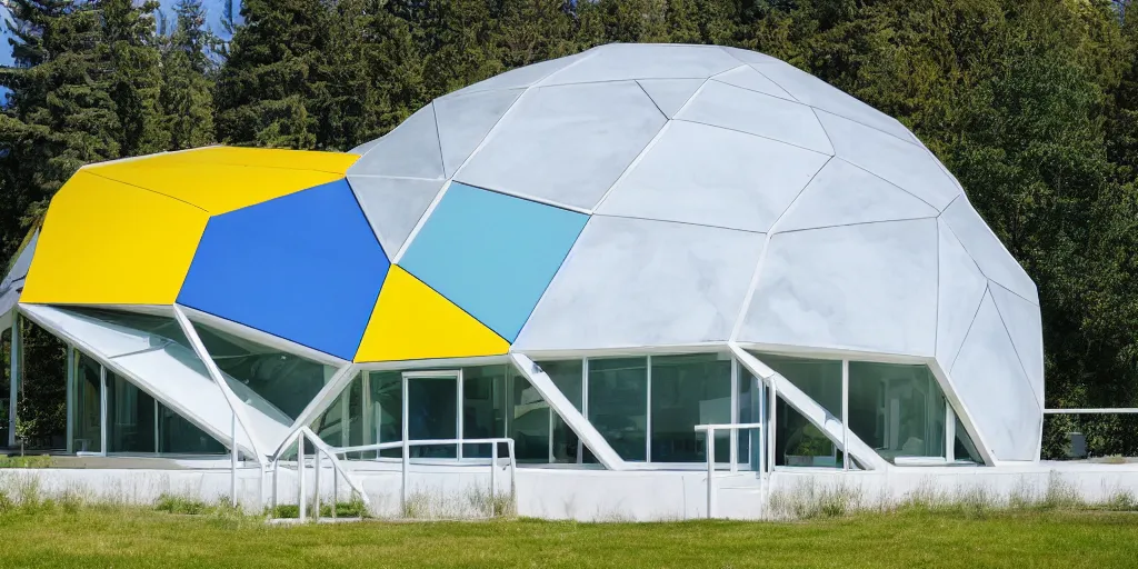 Prompt: large futuristic residence, white concrete, blue and yellow metal, many large green windows, pacific northwest, geodesic elements