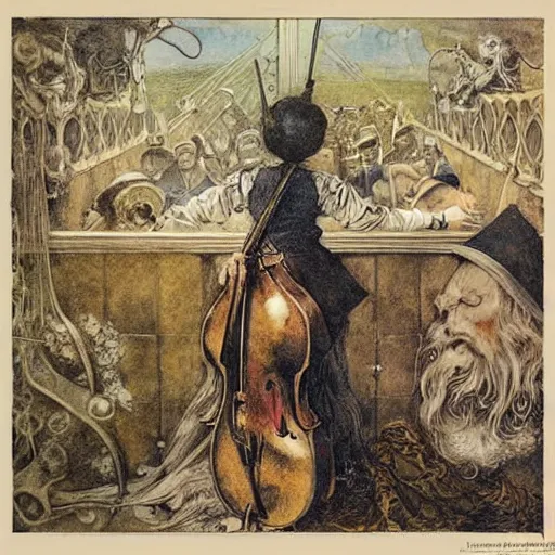 Prompt: 1 8 9 0 s orchestral album art by alan lee and albrecht durer and banksy