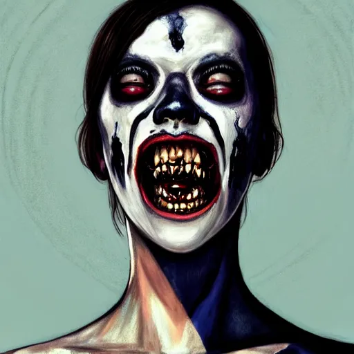 Image similar to color head portrait of aubrey plaza grinning as a zombie, 7 days to die zombie, gritty background, fine art, award winning, intricate, elegant, sharp focus, cinematic lighting, digital painting, 8 k concept art, art by michael hussar, art by brom, art by guweiz and z. w. gu, 8 k