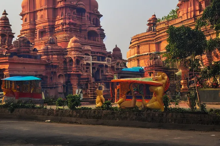 Image similar to dreamscape! mumbai with biomorphic hanuman!! head building, kalighat, sharp hyperrealistic cinematic smooth, stephen shore & john j. park, soft morning light, wide shot, high angle, uhd 8 k, deep focus