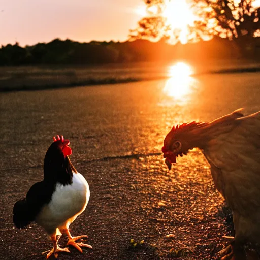 Prompt: a chicken eating a human, cinematic shot, sunset,