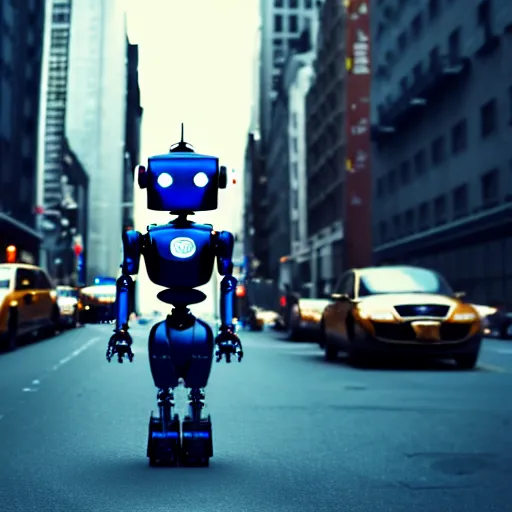Prompt: a cute little robot in new york city. super realistic 8 k render of a dark hooded powerful elegant, cinematic composition