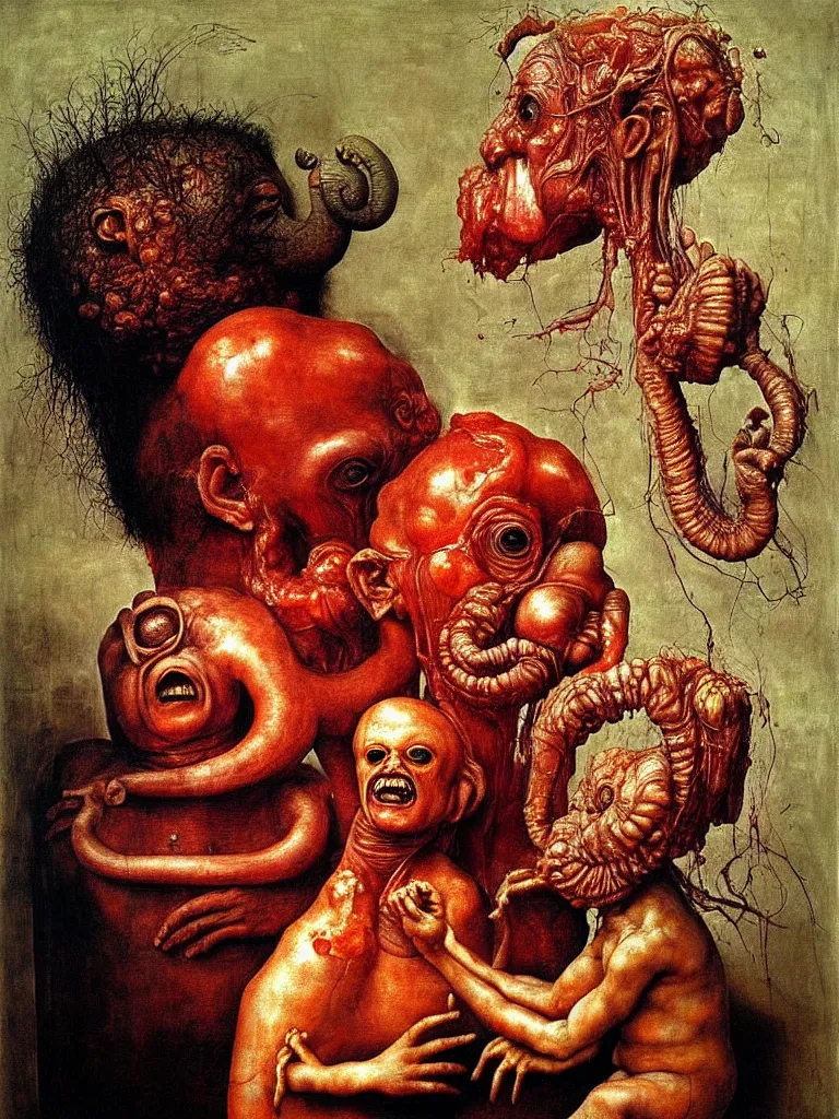 Prompt: a boy like eraserhead and elephant man sitting in a tub full of tomato sauce, looking straight into camera, screaming in desperation, by giuseppe arcimboldo and ambrosius benson, renaissance, fruit, intricate and intense oil paint, a touch of beksinski and hr giger and edward munch, realistic