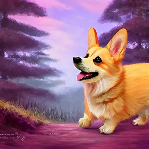 Prompt: a cute and happy corgi puppy frolicking in a forest, fantasy art, digital painting, serene, inspired by studio ghibli