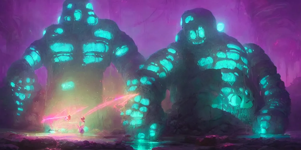 Image similar to giant golem made of crystal, bright pink purple lights, underwater, d & d, art by greg rutkowski