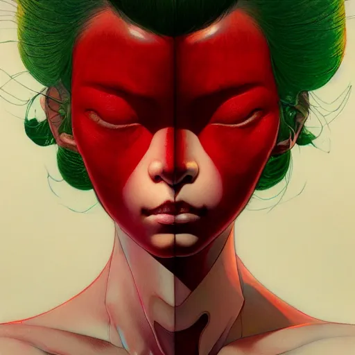 Image similar to prompt : pale red and deep green portrait soft light painted by james jean and katsuhiro otomo and erik jones, inspired by evangeleon anime, smooth face feature, intricate oil painting, high detail illustration, sharp high detail, manga and anime 1 9 9 9