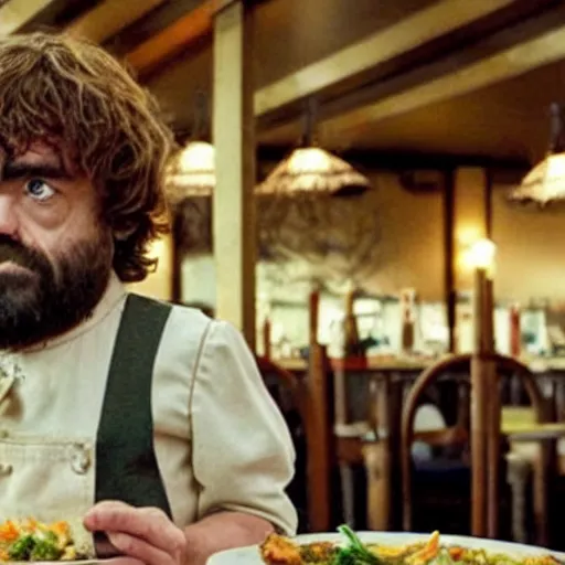 Image similar to “ film still of peter dinklage ordering food on stilts at an olive garden ”