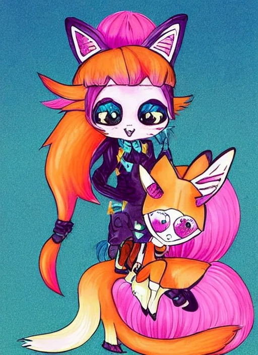 Image similar to A vintage painted illustration of an adorable chibi rogue fox anime girl in the style of Lisa Frank Babs Tarr Hantine Hsu sitting in a couture leather and spike vest that has skulls on it