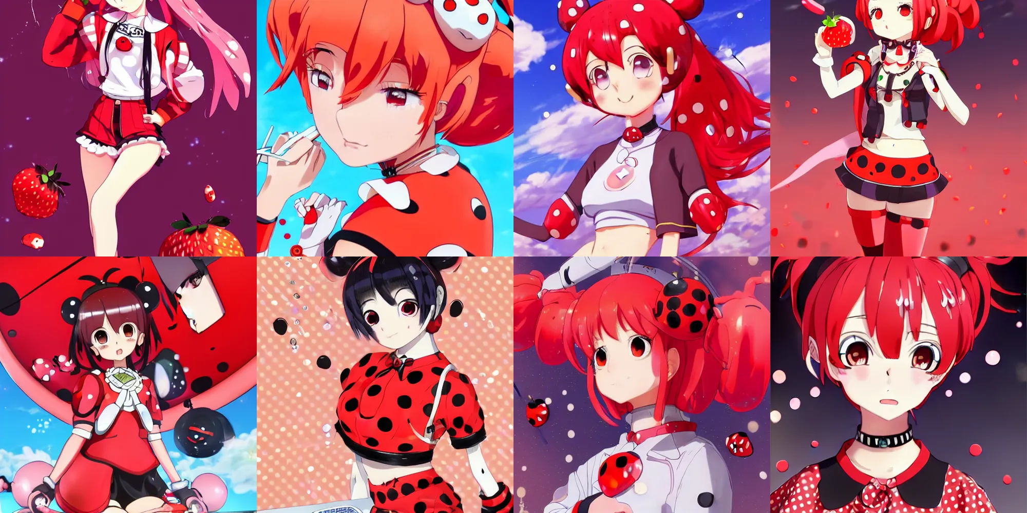 Prompt: anime key visual of a ladybug girl gijinka with red hair and space buns thick eyebrows and antennas wearing a red crop top with polkadots and a strawberry choker and a transparent coat sitting at a desk by ilya kuvshinov and peter paul rubens, league of legends splash art